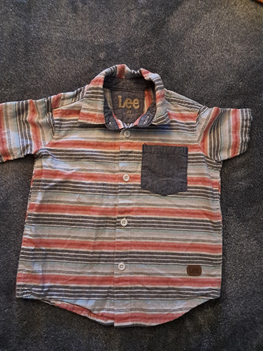 Lee Striped Short-Sleeve Button-Down Shirt in Rust, Blue & Gray